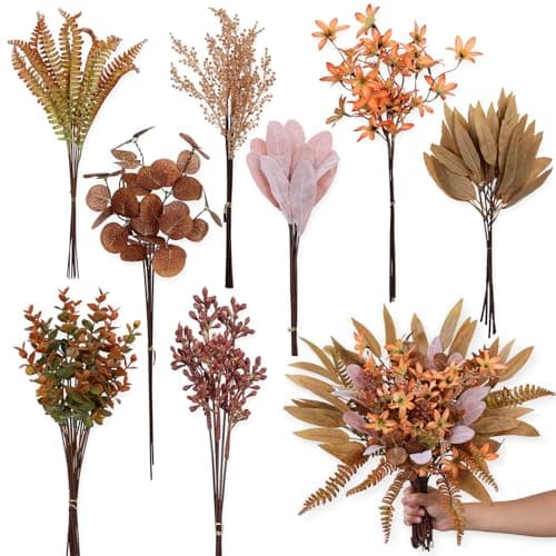 Artificial Greenery Stems Box Set for Fall Decor Pack of 70pcs with 8 Kinds of Faux Plants and Fake Flowers for Autumn DIY Wedding Bouquet Table Centerpieces and Floral Arrangement Brown Orange