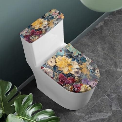 Flashideas Colorful Flowers Toilet Lid Covers and Tank Cover Set Soft Plush Seat Covers Tank Lip Covers Easy to Clean Bathroom Decoration Accessories Machine Washable