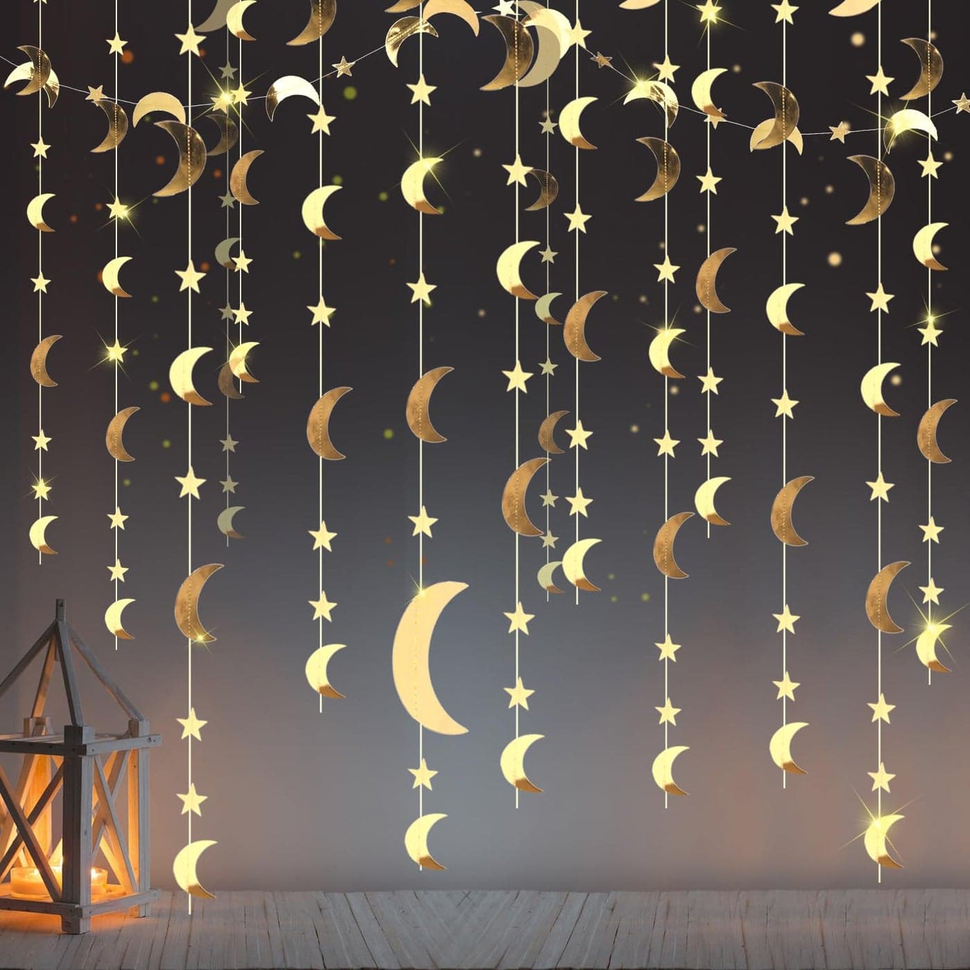Glitter Star Moon Garland Banner Decor 130 Feet Star Hanging Bunting Banner Gold Bright Moon Paper Garland Backdrop for Graduation Class Congrats Grad Eid Muburak Party DecorationGold