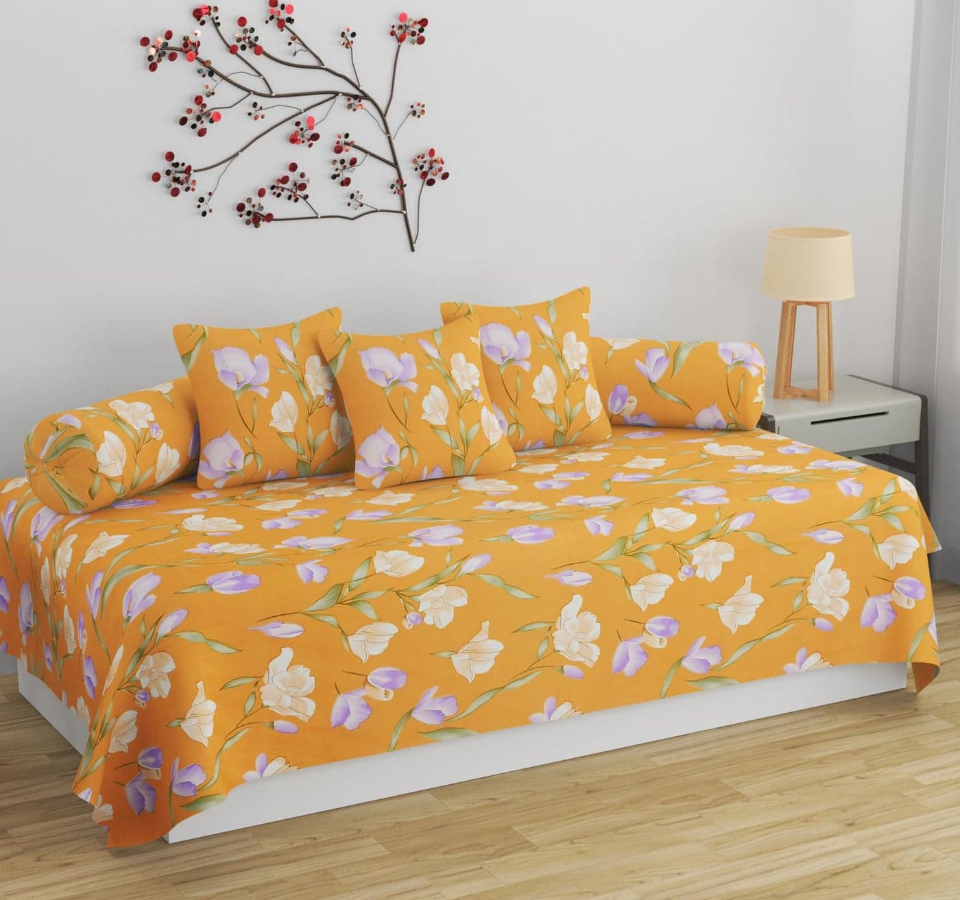 SHOMES Pure Soft Cotton Printed Diwan Set Covers 6 Pieces - 1 Single Bed Sheet (60 X 90) with 3 Cushion (16 X 16), 2 Bolster Covers (16 X 32) - (Yellow, Medium)