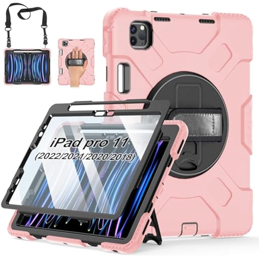 Case for iPad Pro 11 Inch 2022/2021/ 2020/2018: Silicone Cover for iPad 11 Inch 4th/ 3rd/ 2nd/ 1st/ Generation with Screen Protector- Stand- Handle- Shoulder Strap- Pencil Holder- Rose Gold