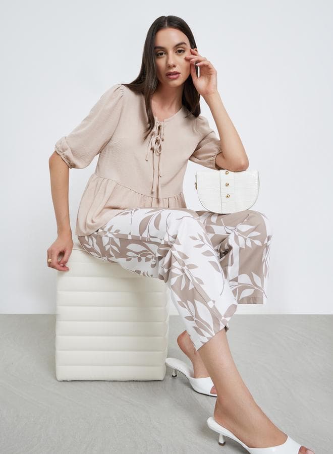 Take Two Ruffle Hem Half Sleeve Tops and Leaf Printed Pants Set