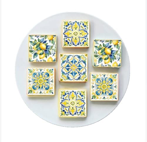 Mediterranean Edible Cookie Toppers Lemon and Spanish Tile Design 2 Inch Squares Set of 12
