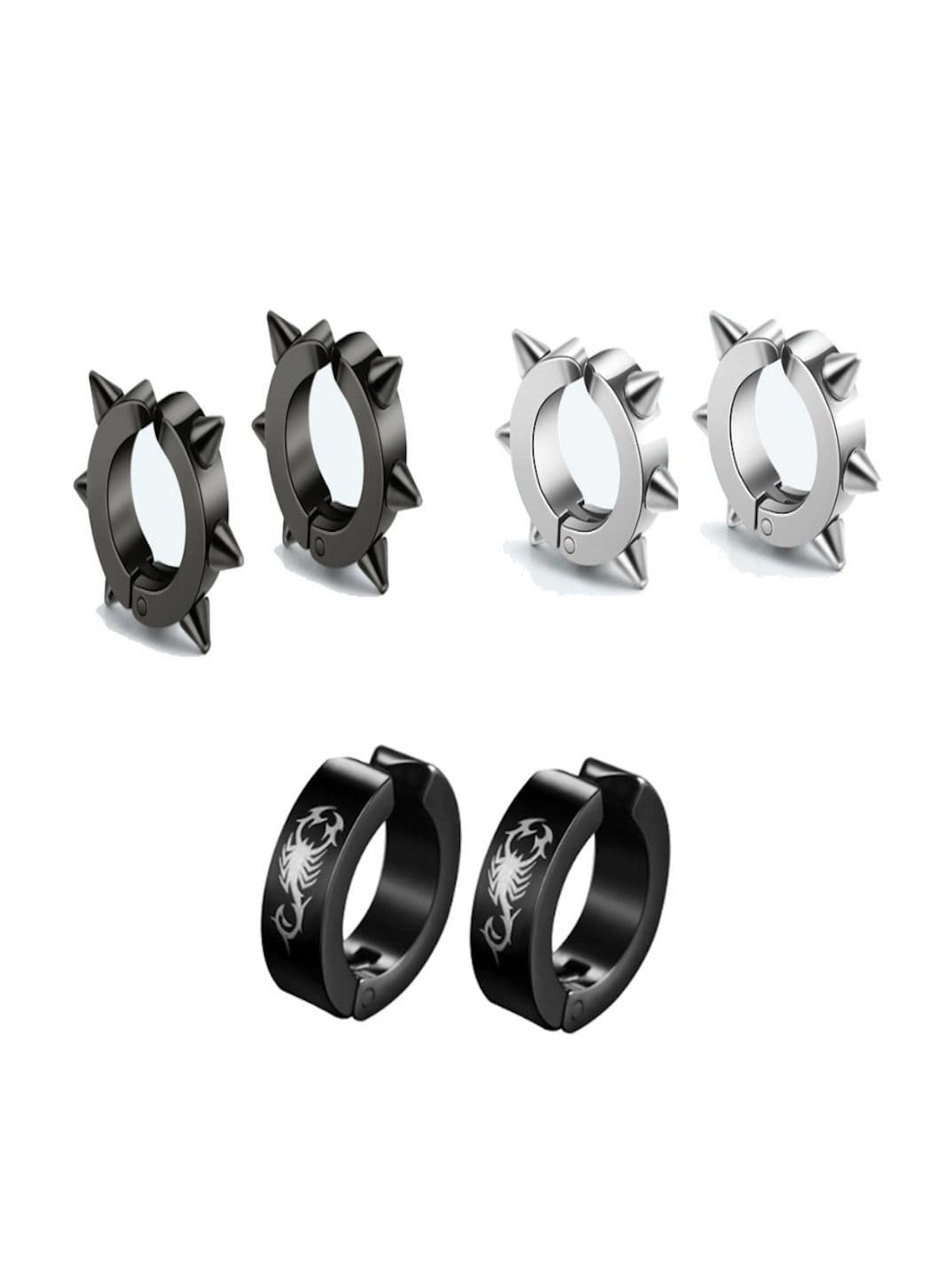 Men Women Jewelry Stainless Steel Clip On Non Piercing Earrings Hoop Spike Punk 3 pairs