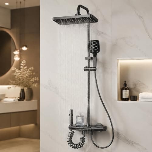 Inart Shower Panel For Bathroom - Wall Mixer 3 In 1 Shower Set, Luxury Panels Single Lever Hot And Cold With Handshower, Faucet, Spout - Black - Complete Washroom Showers