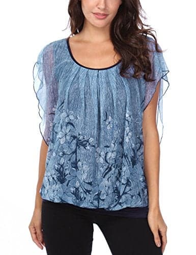 BAISHENGGT Womens Tops and Blouses Short Sleeve Mesh T-Shirts X-Large Blue Floral