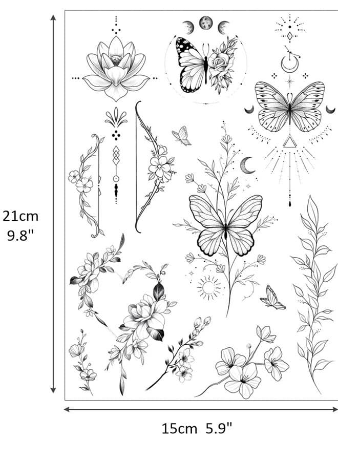 Glaryyears Ink Line Temporary Tattoo for Women Men Adults, 9-Pack 100+ Fake Tattoos Stickers, Multi Design Variety Pack Realistic Tattoos for Body, Space Sun Moon Snake Butterfly Tattoos