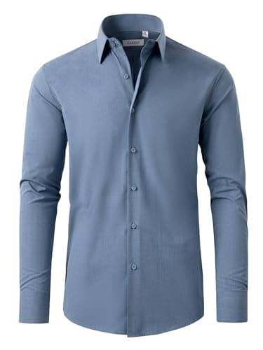 FAHIZO Men's Dress Shirt Casual Regular Fit Stretch Soild Long Sleeve Button Up Shirts, Dusty Blue-XL