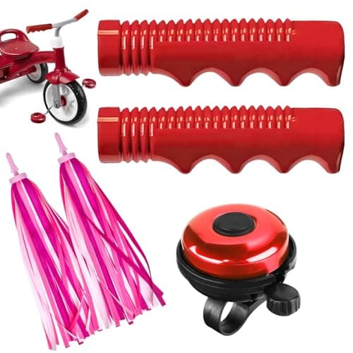 Grips Compatible with Radio Flyer Tricycle 34 Inch Bicycle Grip Kids NonSlipBicycle Handlebar Grips 1 Pair Red Tricycle HandlebarGrips and Classic Bike Bell and Bike Streamers Bike Tassels