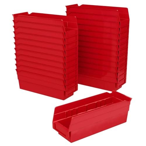 AkroMils 30120 Plastic Shelf Bins Heavy Duty Storage Bins for Garage Closet and Drawer Organization 12Inch x 4Inch x 4Inch Red 24Pack