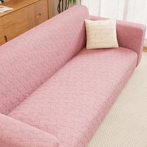 Lukzer 3 Seater Pastel Pink Basket Weave Pattern Sofa Cover | 240 GSM Universal Stretch Fit Jacquard Fabric Couch Protector | Fully Covered Anti Slip & Washable Sofa Cover (180-230cm/SC-115-03)