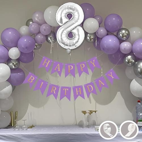 Flyloons 8th Birthday Decoration Items Purple and White Theme Combination for Boys Girls Kids | 30 Pcs Purple White Silver Color Balloons | Purple Happy Birthday Banner | Arch Tape | Glue Dots