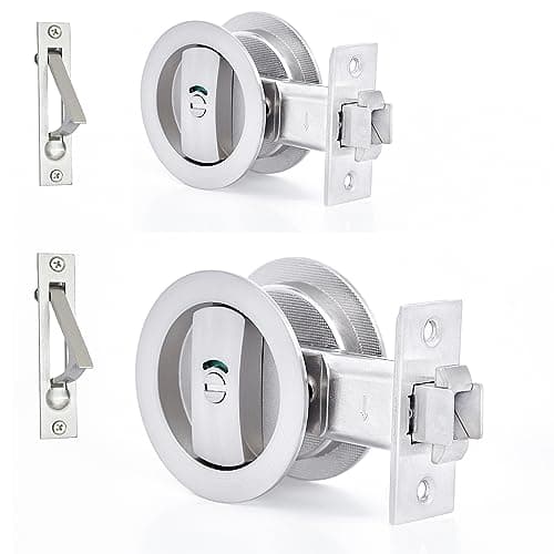 Dontay Pocket Door Color Coded Indicators LockPrivacy BedBath Handles Latch 238 Backset Hardware for 1 38 to 2 316 Thickness DoorIncluding Edge Pull Brushed Nickel Round 2 Pack