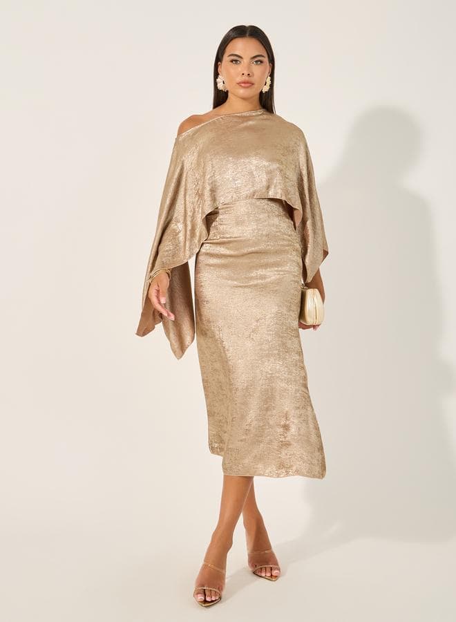 Take Two One Shoulder Neck Cape Sleeve Midi Dress