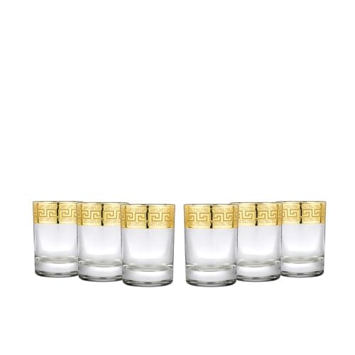 Joseph Sedgh Collection Greek Key Shot Glasses Set of 6-2 oz Heavy Base, Round Cylinder. Ideal for Tequila, Vodka, Aperitif, Espresso. Dishwasher Safe Premium European Grade Glassware