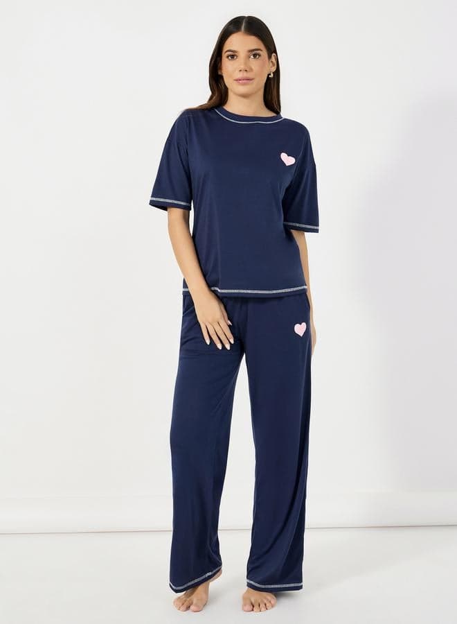 Styli Slogan Print Dropped Shoulder T-Shirt and Pants Pyjama Set