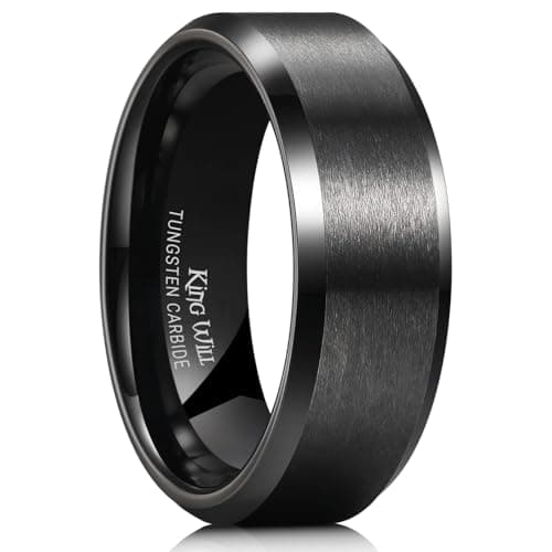 King Will 8mm Men's Black Wedding Ring - Brushed Matte Surface, Beveled Polished Edge, Comfort Fit Size 9.5