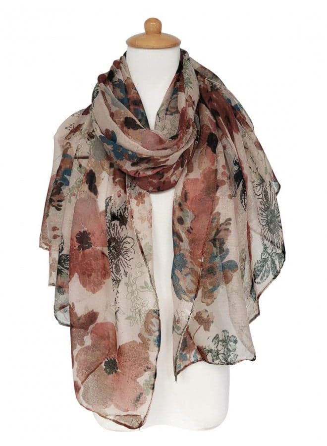 GERINLY Lightweight Scarves Fashion Flowers Print Shawl Wrap for Women Dressy Winter Neck Accessory Pretty Sarong (Brown)