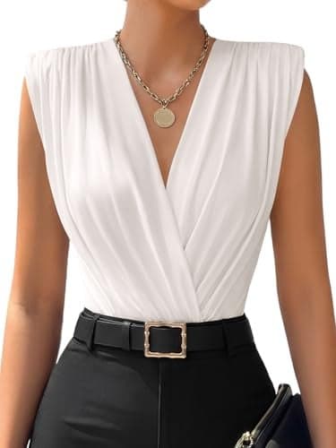 LYANER Women's Wraped V Neck Ruched Sleeveless Tank Leotard Bodysuit Tops White Medium