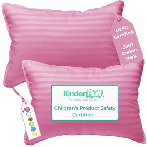 kinder Fluff Toddler Pillow 2XCertified Hypoallergenic Award Winning Baby Pillow no Pillowcase Needed 300TC Pure Cotton Shell and Down Alternative Fill Toddler Bedding Kids Pillow 2 Pink