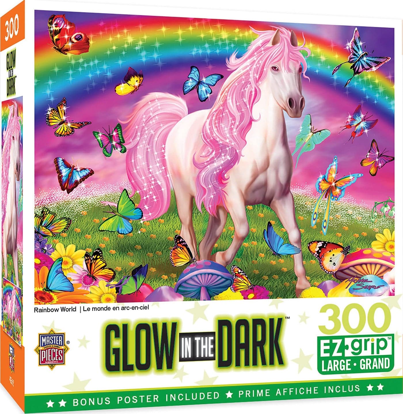 MasterPieces - 300 Piece Jigsaw Puzzle with Large EZ Grip Shapes, Glows in The Dark, Rainbow World, Activity Fun for Adults, Seniors, Family, Kids, 18" x 24"