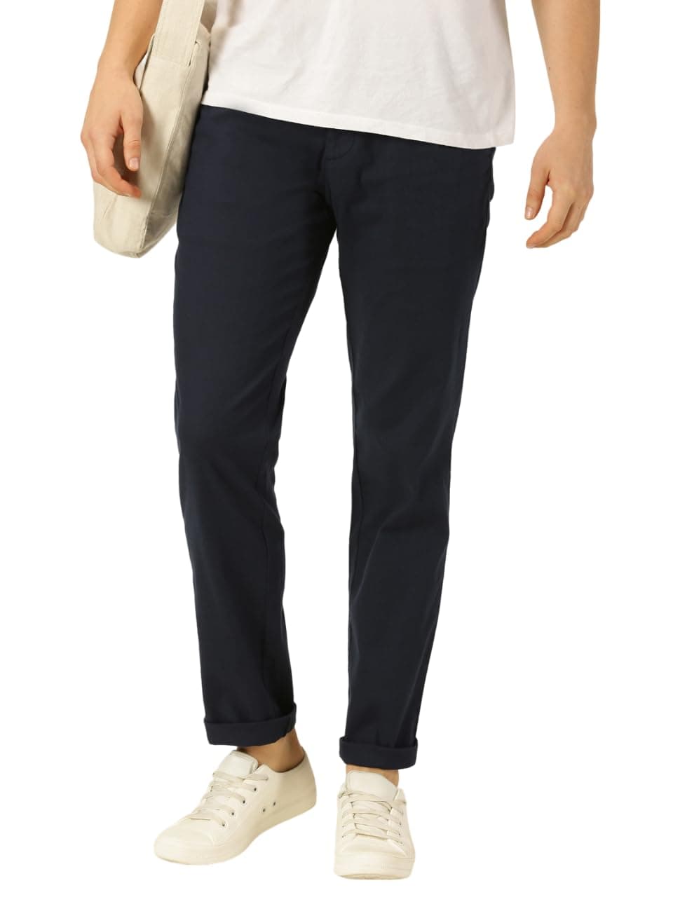 Thomas Scott Men Navy Pleated Cotton Linen Chinos Trousers (Navy, 36)