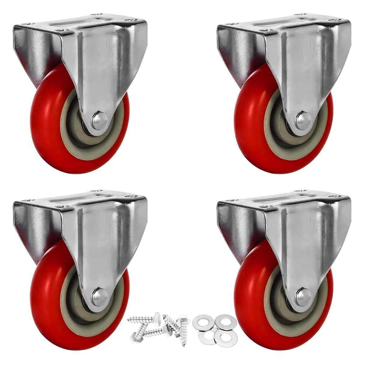 4 Pack 4 Caster Wheels On Red Polyurethane Wheels Top Plate Non Swivel Rigid Fixed Stationery with Hardware