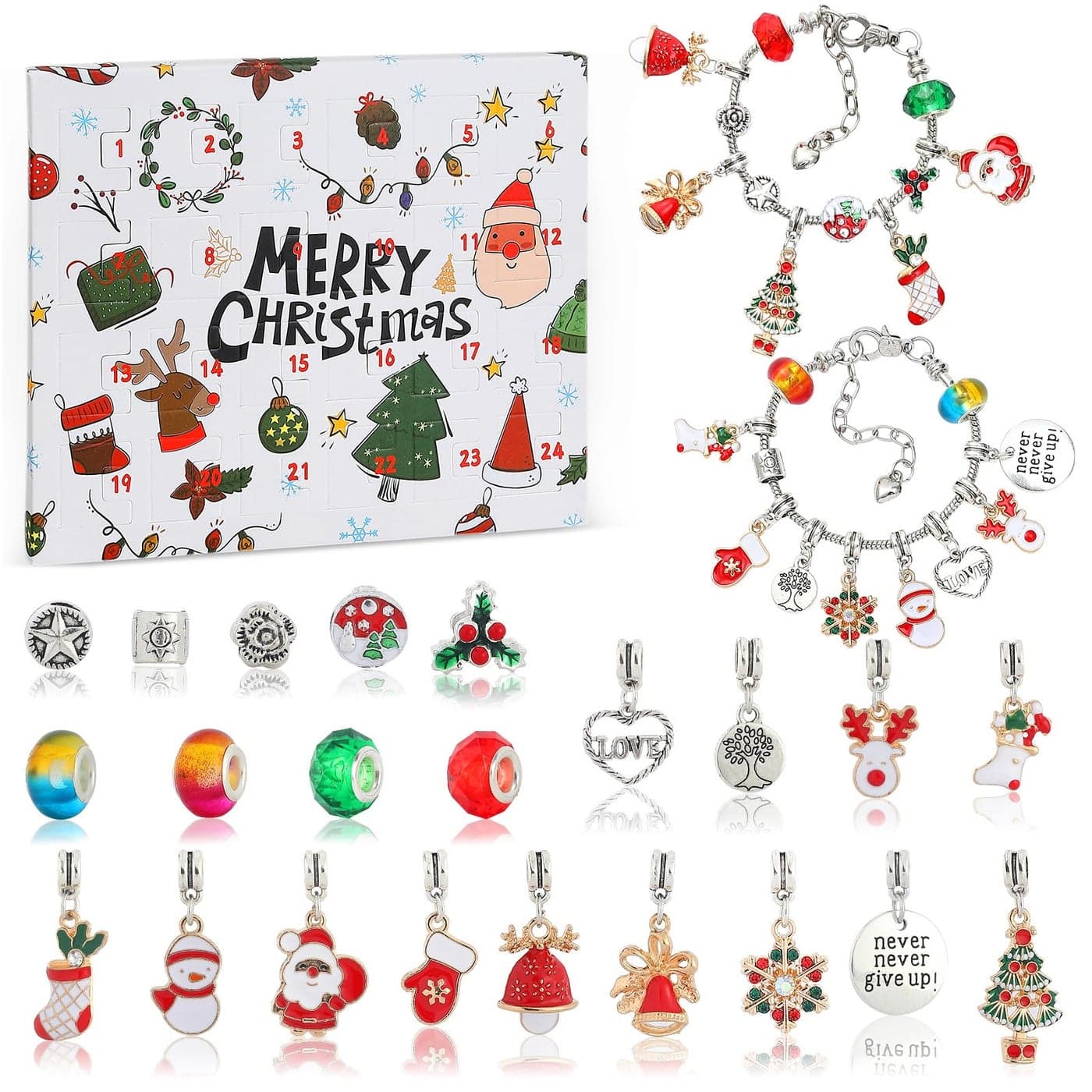 Christmas Advent Calendar Bracelets 2025 24 Days Xmas Countdown DIY Jewelry Making Kit 2 Bracelets Gift Sets for Girls Boys Kids Women Teens