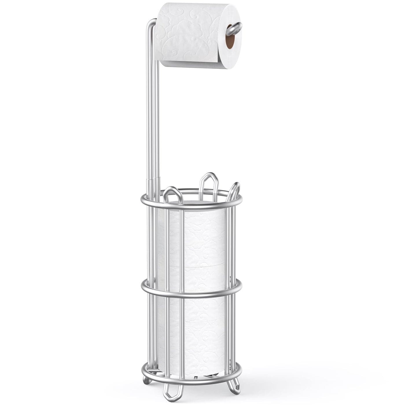 Meangood Toilet Paper Holder Stand and Tissue Paper Roll Dispenser for 4 Mega Rolls Bathroom Free Standing Tissue Roll Storage Holder Rack Metal Wire Silver