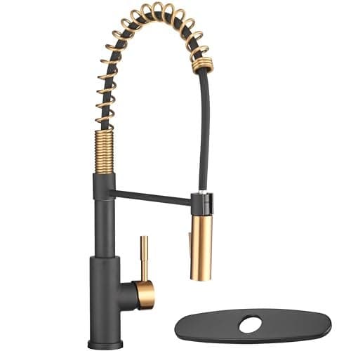 Dura Faucet DFMK504SLKMBRG RV Swivel HighArc Spring Kitchen Sink Faucet Single Handle Kitchen Faucet with PullDown Sprayer Optional Deck Plate Matte BlackRose Gold