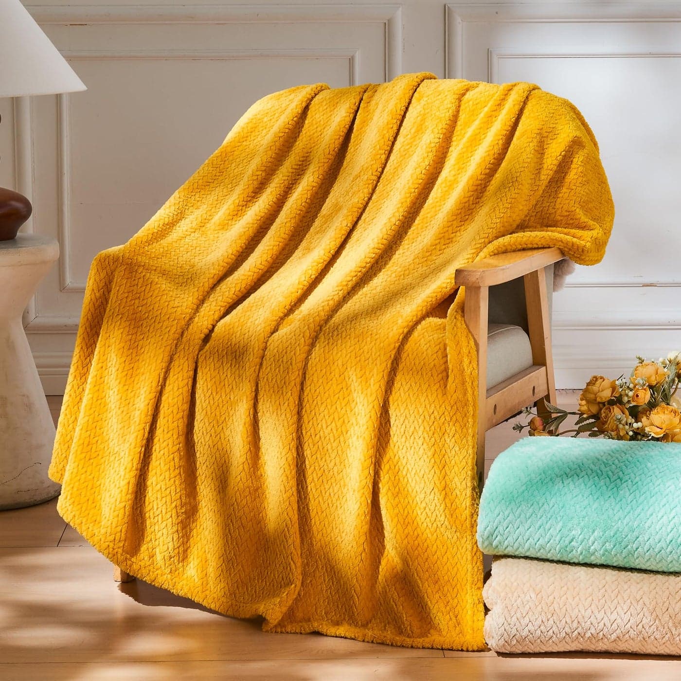 NEWCOSPLAY Super Soft Throw Blanket Mustard Yellow Premium Silky Flannel Fleece Leaves Pattern Lightweight Bed Blanket All Season Use Mustard Yellow Throw50x60