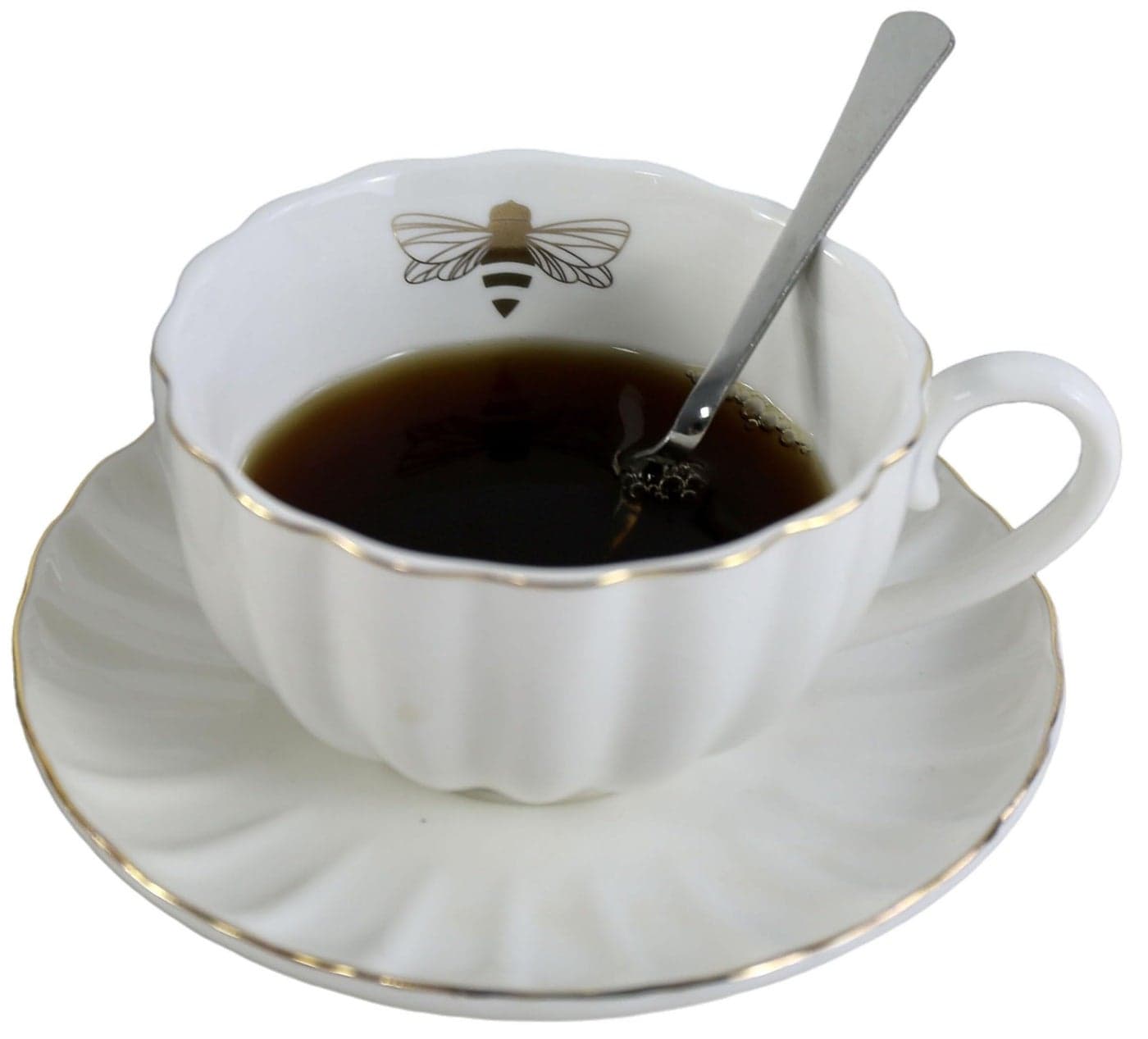 YBK Tech Strengthen Porcelain Cup and Saucer Set 9oz Cup with Saucer Gold Bee Inside The Cup White