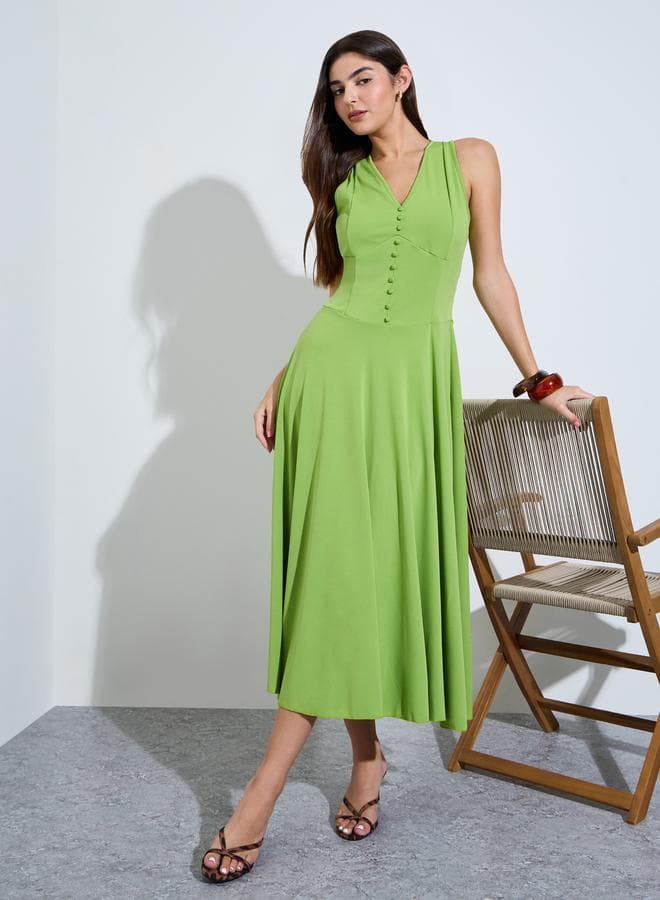 Green Sleeveless A-Line Midi Dress