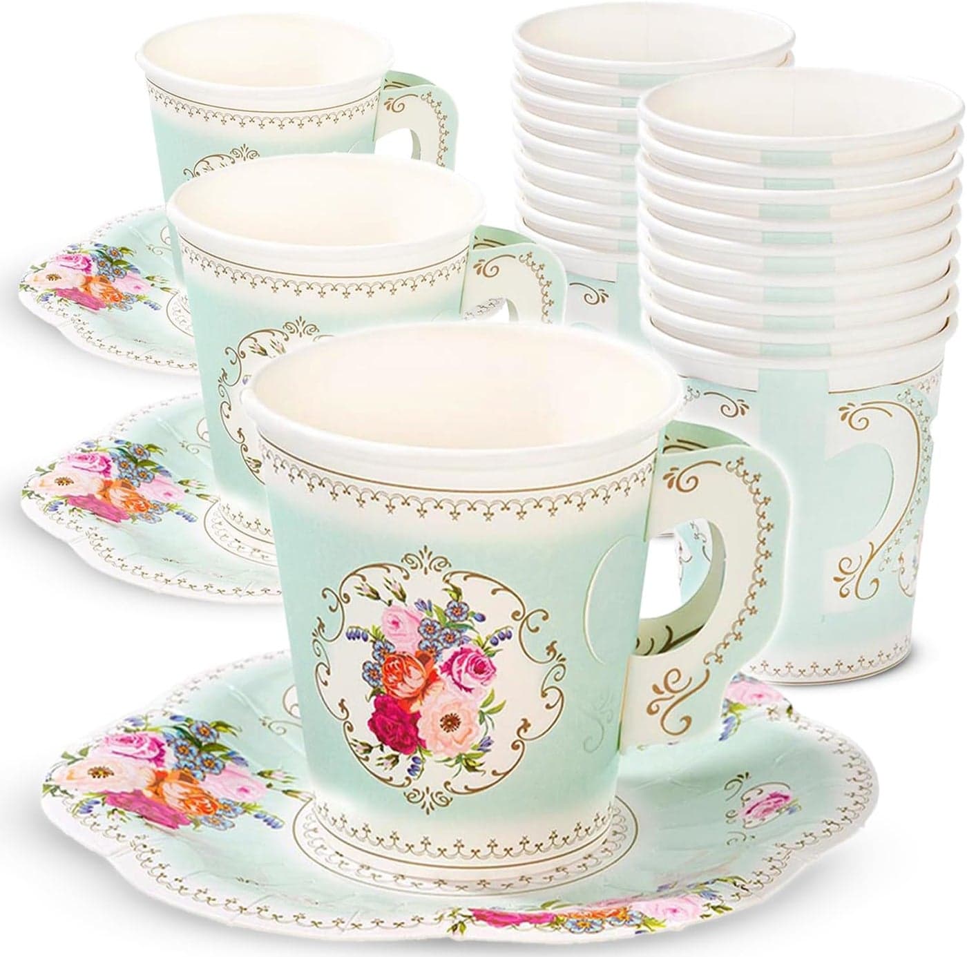 Talking Tables 24 x Pretty Vintage Disposable Floral Cup Saucer Afternoon Tea Party Set Truly Scrumptious Disposable Tableware for Mothers Day Kids Birthday Bridal Baby Shower Weddings