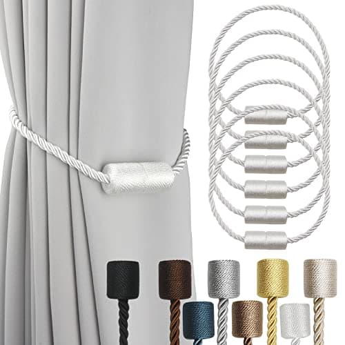 Porlau 6 Pack White Strong Magnetic Curtain Tiebacks Outdoor Elegant Decorative Tie Backs Modern Rope Tiebacks for Drapes Window Curtain Holdbacks for Draperies