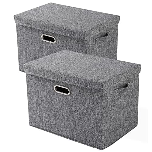 HOKIPO Polyester Linen Multipurpose Storage Bins With Lid For Cupboard, Home And Office, Grey, Medium, Pack Of 2 (Ar4369-M*2)