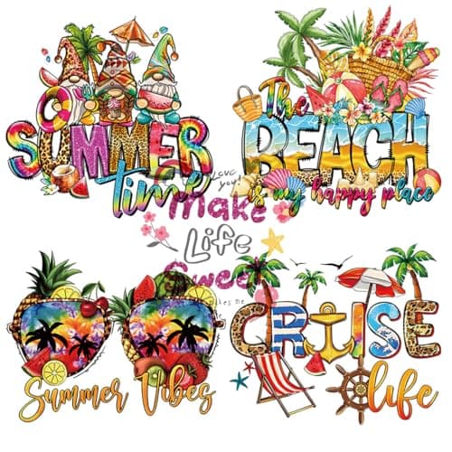 Beach Heat Transfers Iron on Patches Summer Iron on Vinyl Decals Appliques for T Shirts Jeans Bags Clothing Art Decoration Cute Iron Stickers 5Pcs