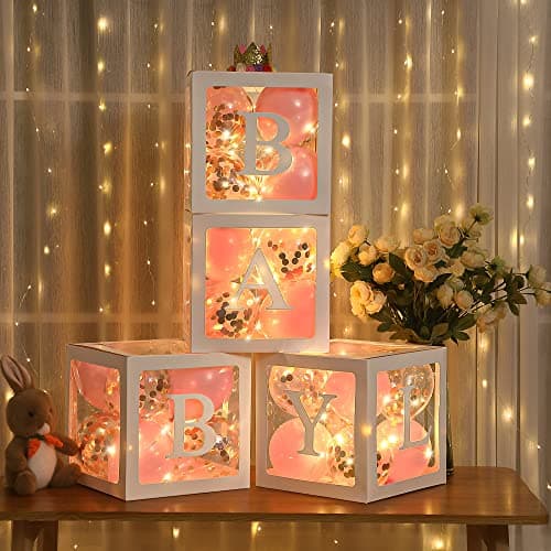Baby Shower Balloon Box Decorations, 4 Pcs Baby Blocks Transparent Balloon Boxes with “BABY GIRL” Letters, 4 Pack Led Fairy String Lights and 40 Pcs Latex Balloons for Gender Reveal Backdrop(Pink)