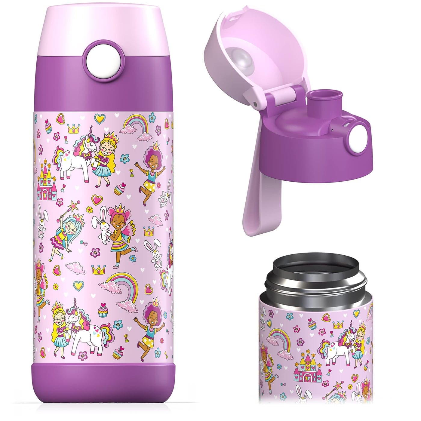 Jarlson Mali Childrens Water Bottle Thermal Stainless Steel Water Bottle BPAFree LeakProof Childrens Bottle with Chug Lid Bottle for School Nursery Princess 350 ml