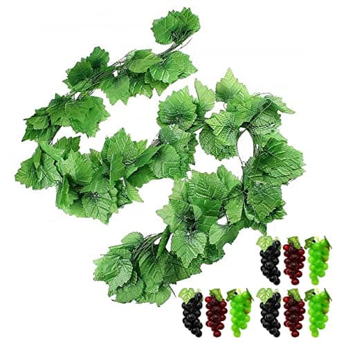 Hecaty 12 Strands 90 ft Artificial Fake Grape Vines with 9 Strings Grapes Hanging Plant Large Leaves Garland for Wedding Party Store Home Spring Decor Indoor Outdoor Garden