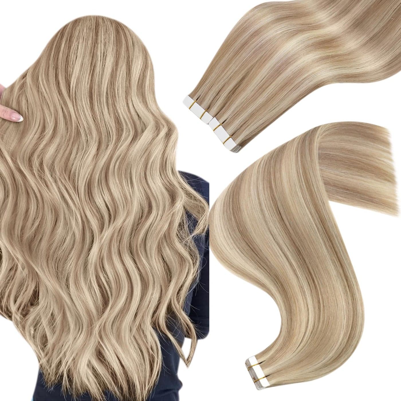 Easyouth Tape in Hair Extensions Highlight Invisible Tape in Hair Extensions Human Hair Ash Blonde Highlight Light Blonde Real Human Hair Tapes in Extension 16 Inch 40g 20pcs