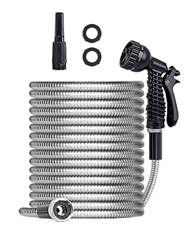 SIXWOOD Metal Garden Hose 25FT, Stainless Water Hose with Adjustable Nozzle Sprayer, Heavy Duty Hoses for Yard, Outdoor - Flexible, Never Kink & Tangle, Puncture Resistant,