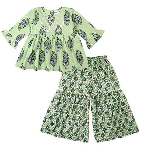 superminis Baby Girls Floral Printed Cotton Kurti Sharara Set (5-6 Years, Green)