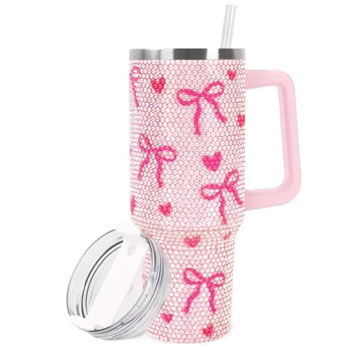 JarThenaAMCS Pink Bow Tumbler with Lid and Straw 40 Oz Rhinestone Bowknot Heart Tumbler with Handle for Women Girls Stainless Steel Cup for Home Office Travel Gift