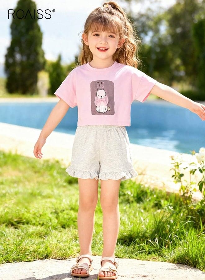 Girls 2PCS Clothing Set, Round Neck Short Sleeve T Shirt and Elastic Waist Shorts Set for Girls, Summer Outfit with Crop Top and Ruffled Short Pants, Suitable for Daily Wear or Any Occasion