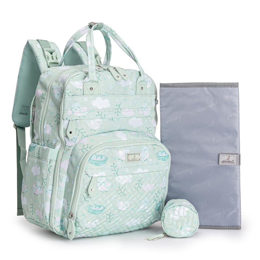 BabbleRoo Diaper Bag Backpack Baby Essentials Travel Essentials Baby Bag with Changing Pad Stroller Straps Pacifier Case Unisex Green Birdy