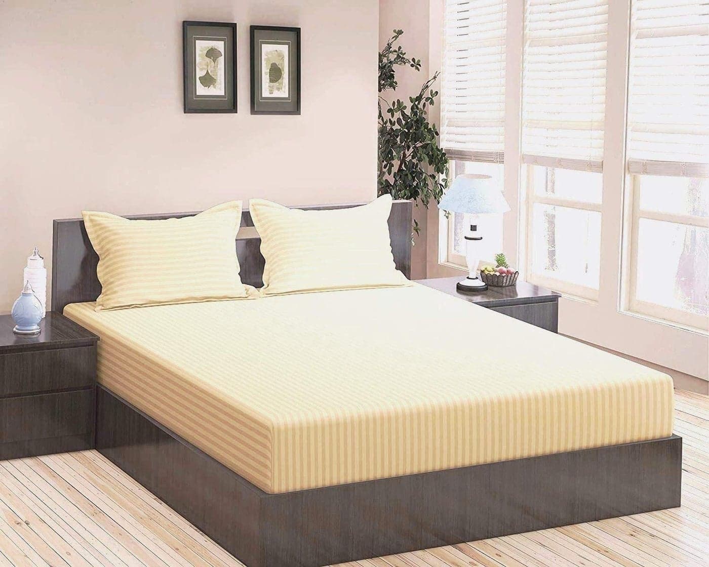 Trance Home Linen 100% Cotton 78x60 inch Queen Fitted 200TC Satin Stripe Elastic Fitted Bedsheet | Daily Use Double Bed Fitted Bedspread with 2 Pillow Covers (78"x60"| 6.5x5 ft, Light Ivory Cream)