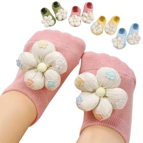 KEAINVRN 4Packs Baby Girls Socks,Flower Non-Slip Grips for Babies Toddler Princess Low Cut Ankle Socks for Girls (US, Age, 0 Months, 6 Months, yellow pink green blue)