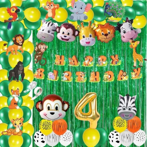 FI - FLICK IN 75 pcs 4th Birthday Decoration for Boys Animals Cutouts Foil Balloons Jungle Theme 4th Birthday Decoration Kit Lion King Party Decoration (Pack of 75, Green & Yellow)