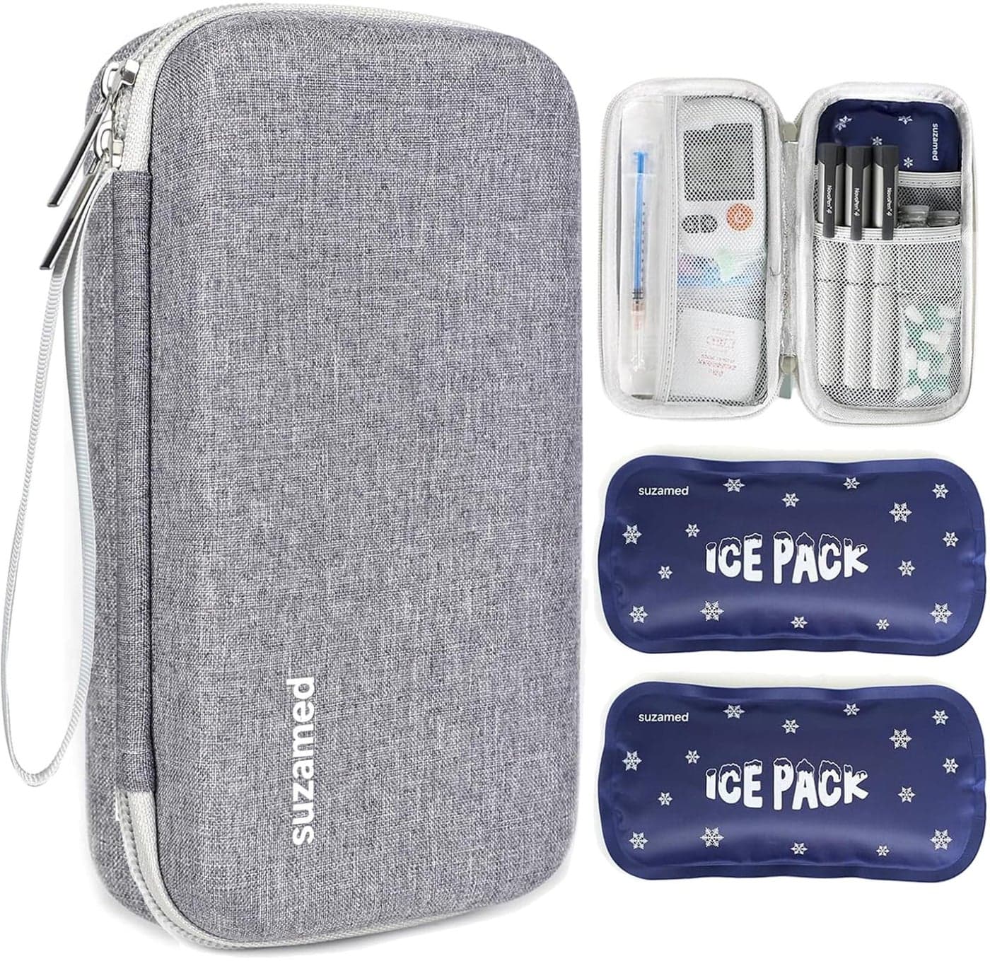suzamed Insulin Cooler Travel CaseEVA Insulation Travel Medicine Kit with 2 Ice Packs for Diabetes CareInsulin Pen and Other Diabetic Supplies Grey